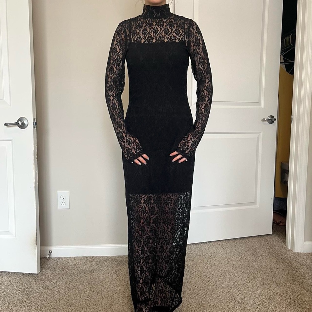 Black Lace Mock Neck Maxi Dress